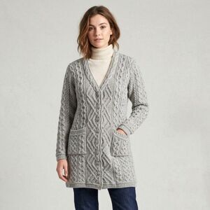 Aran Crafts Merino Wool Sweater XXS Gray Cardigan Pockets Cable Knit Pockets